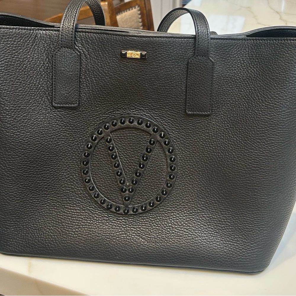 Valentino Black Pebbled Leather Stud-Logo Shoulder Tote - Picture 2 of 11